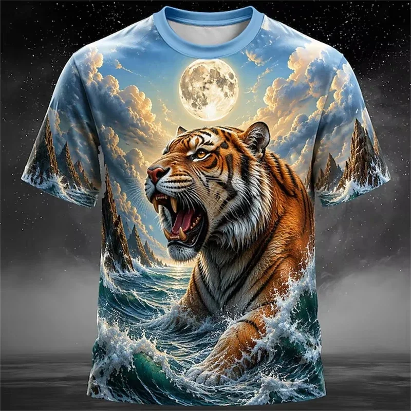 Men T-Shirt Cool Beast Tiger Graphic Short Sleeve T Shirts For Men Trend Casual Street Style 3D Printed O Neck Y2k Unisex Tops