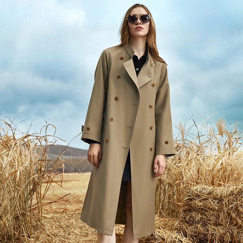 

British style khaki trench coat women's double breasted 2024 autumn new temperament in the long coat high-end over the knee