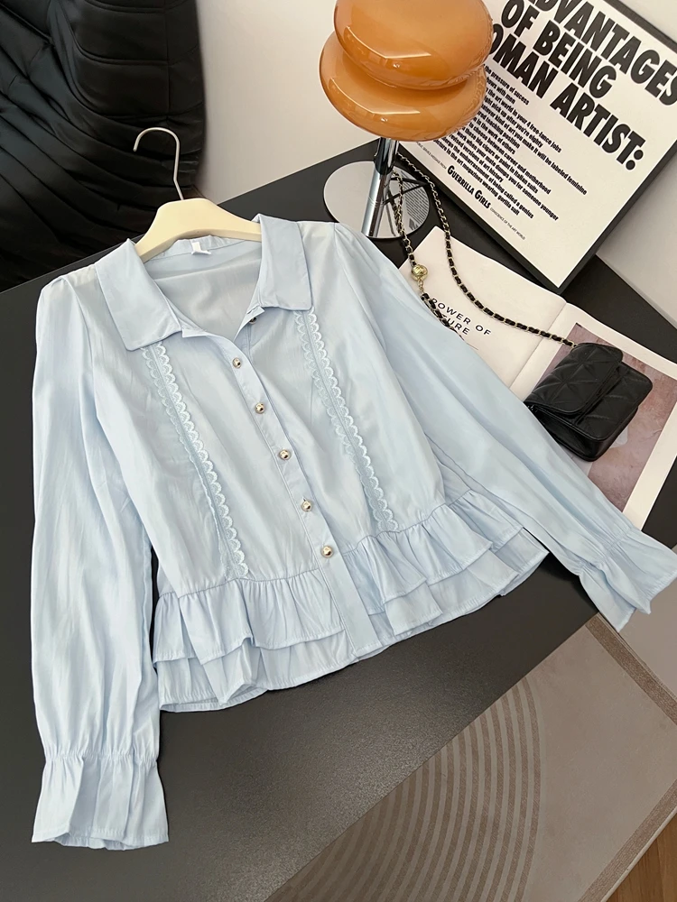 

Женская блузка больших размеров с длинным рукавом и воротником-стойкой, весенняя, с кружевной отделкой, корейский стиль, для офиса и повседневной носки