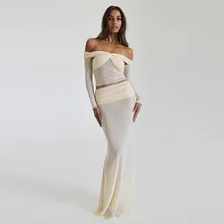 2024 Summer Off-Shoulder See-through Long Sleeve Pleated Dress Hot Girl Slim Fit Two-piece Set Elegant Sexy Party Dress Club Out