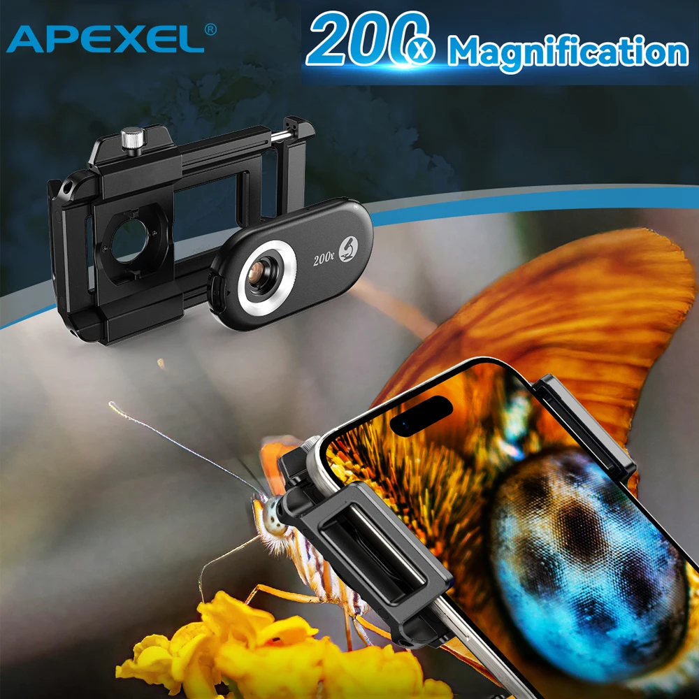 

Микроскоп-объектив APEXEL 200X для телефона со светодиодной подсветкой, макрообъектив-лупа для смартфона для наблюдения за монетами, ювелирными изделиями, кожей