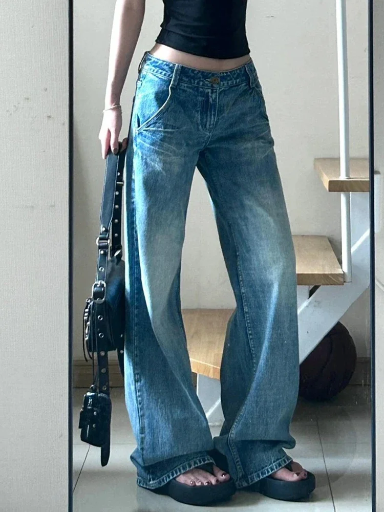 

American Retro Blue Chic Washed Distressed Women Jeans Summer Basic High Waist Loose Fashion Full Length Female Wide Leg Pants