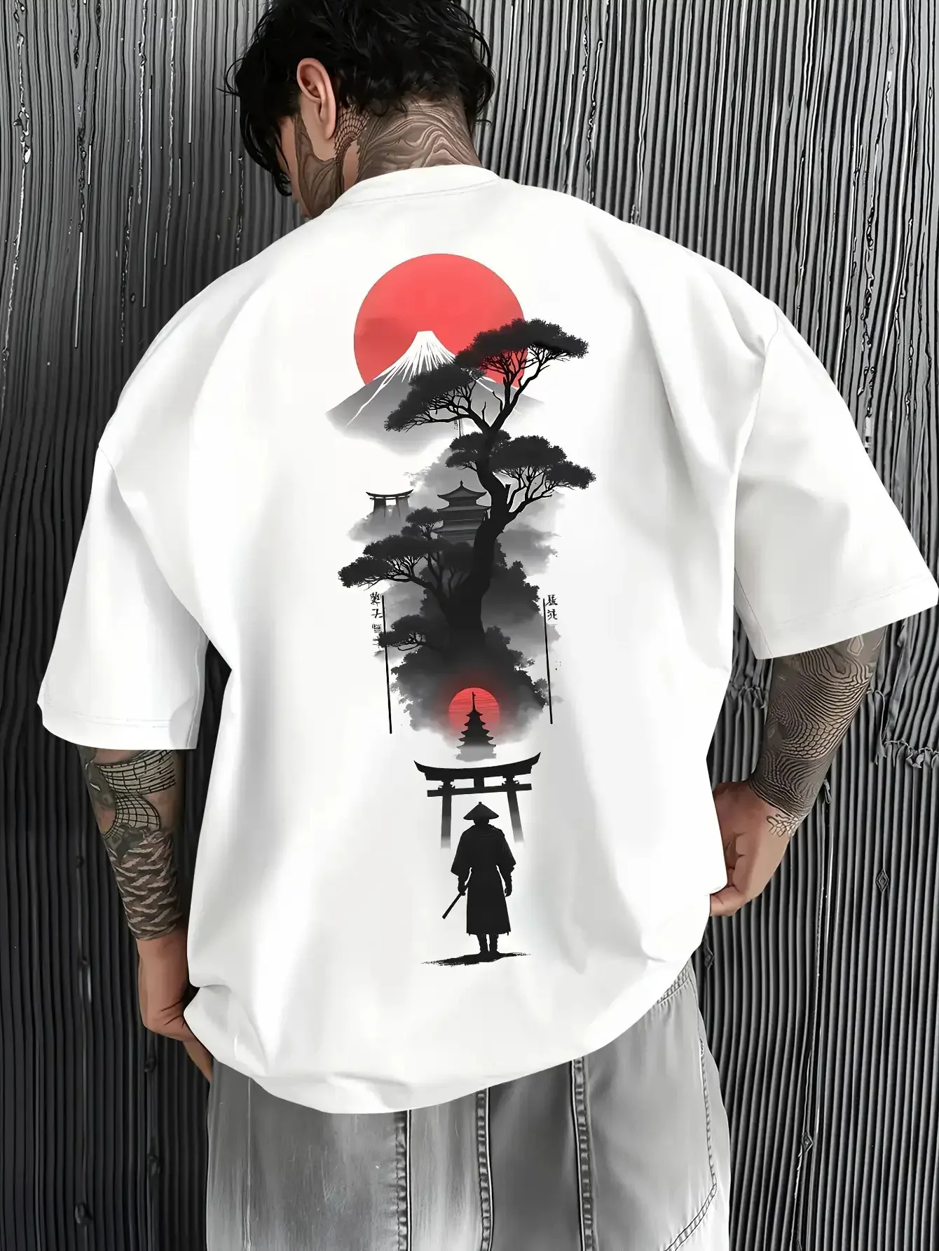 Summer Men's Mount Fuji Torii Pine Tree Samurai Ink Wash Print Loose and Comfortable Japanese Style Casual Outfit 100% Cotton