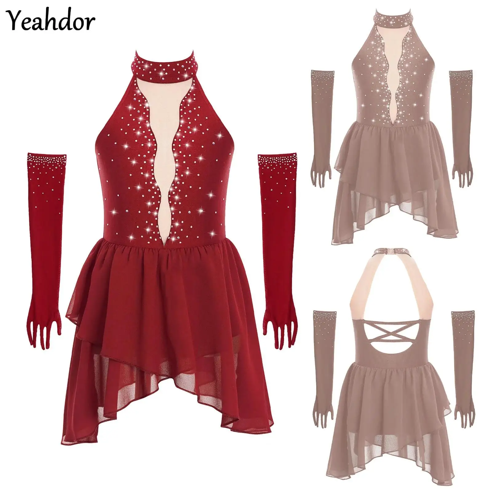 

Girls Rhinestone Lyrical Dance Dress Figure Skating Costume Sheer Mesh Sleeveless Hollow Back Irregular Ballet Dress And Gloves