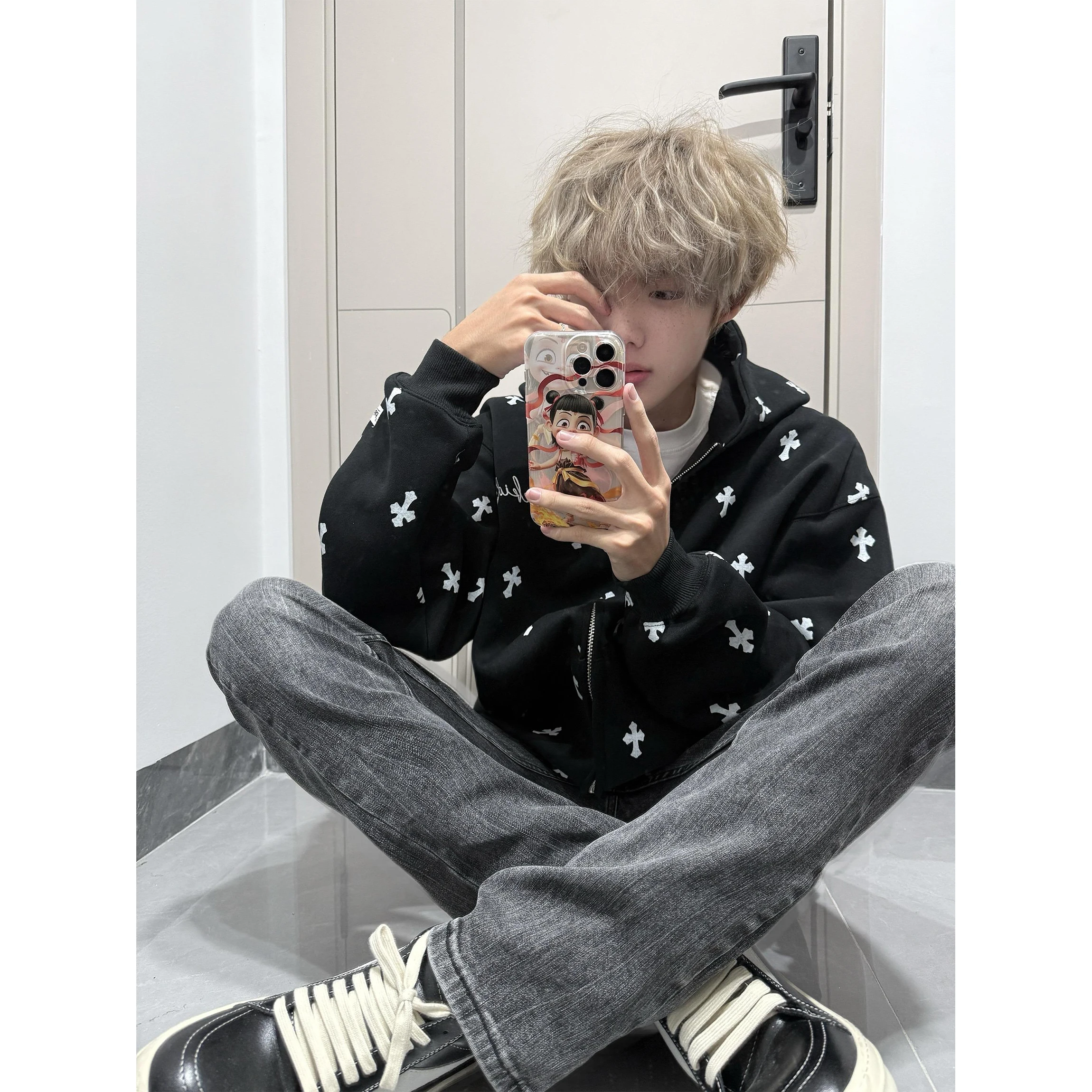 2025 New American Retro Cross Print Hoodie Men's Autumn Winter Couple Loose Versatile Cardigan Jacket Top