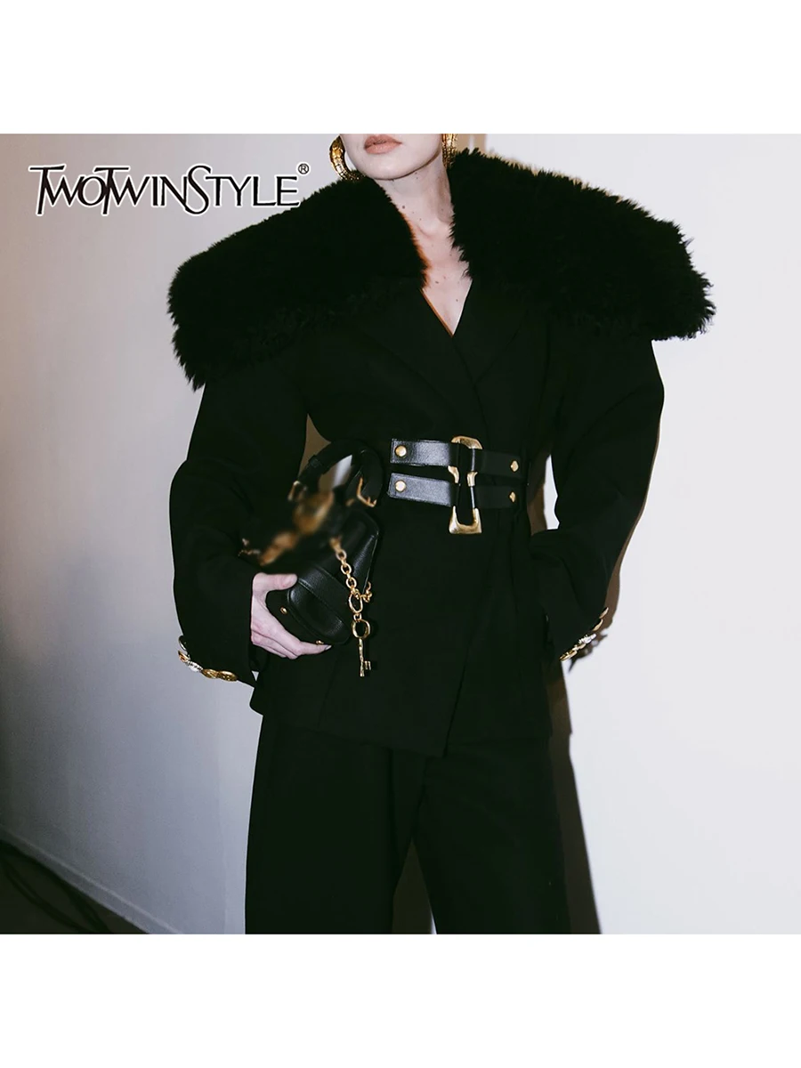 

TWOTWINSTYLE Slimming Spliced Belt Temperament Jackets for Women Lapel Long Sleeves Patchwork Fur Collar Jacket Female Clothing