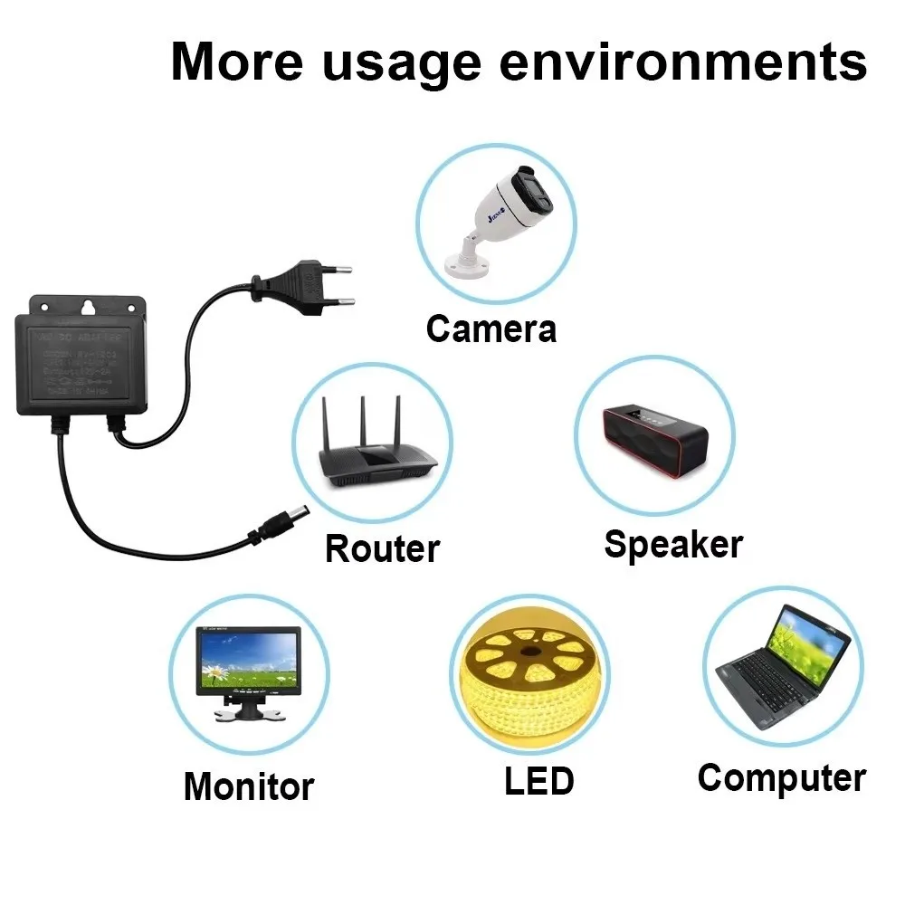 DC12V 2A Adapter Camera Power Supply Black Waterproof Camera Charger AC100V-240V Input EU Plug Security Surveillance Adapter