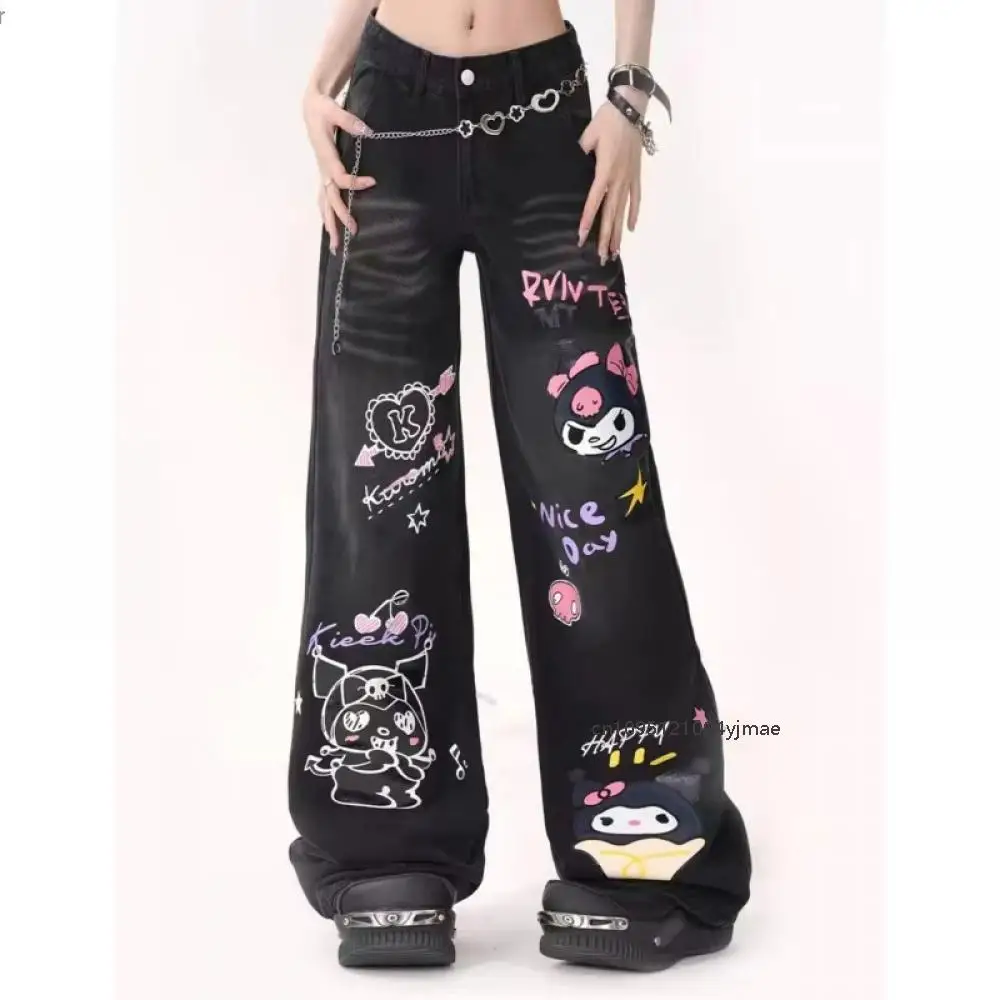 Kuromi impresso micro queimado jeans sanrio coreano streetwear solto calças retas y2k moda feminina cintura alta calças de perna larga