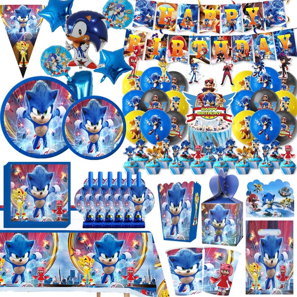 Cartoon Sonic Birthday Supplies Disposable Plates Tablecloth Cake Topper Gifts Bag for Kids Party Decorations Set Baby Shower