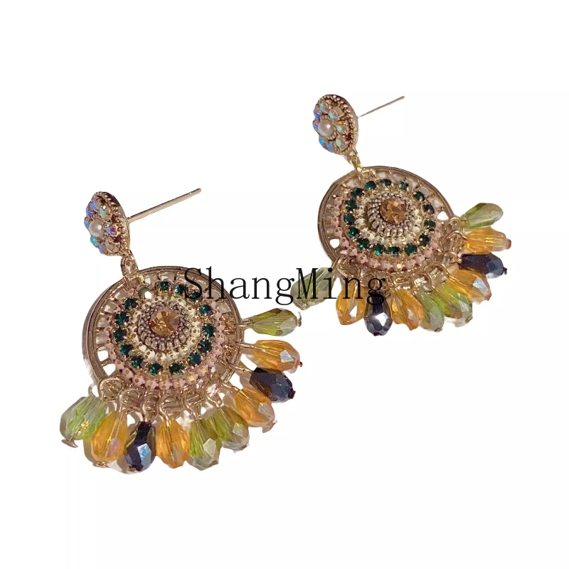 

ZYH retro unique stud earrings premium design sense light luxury crystal fringed earrings