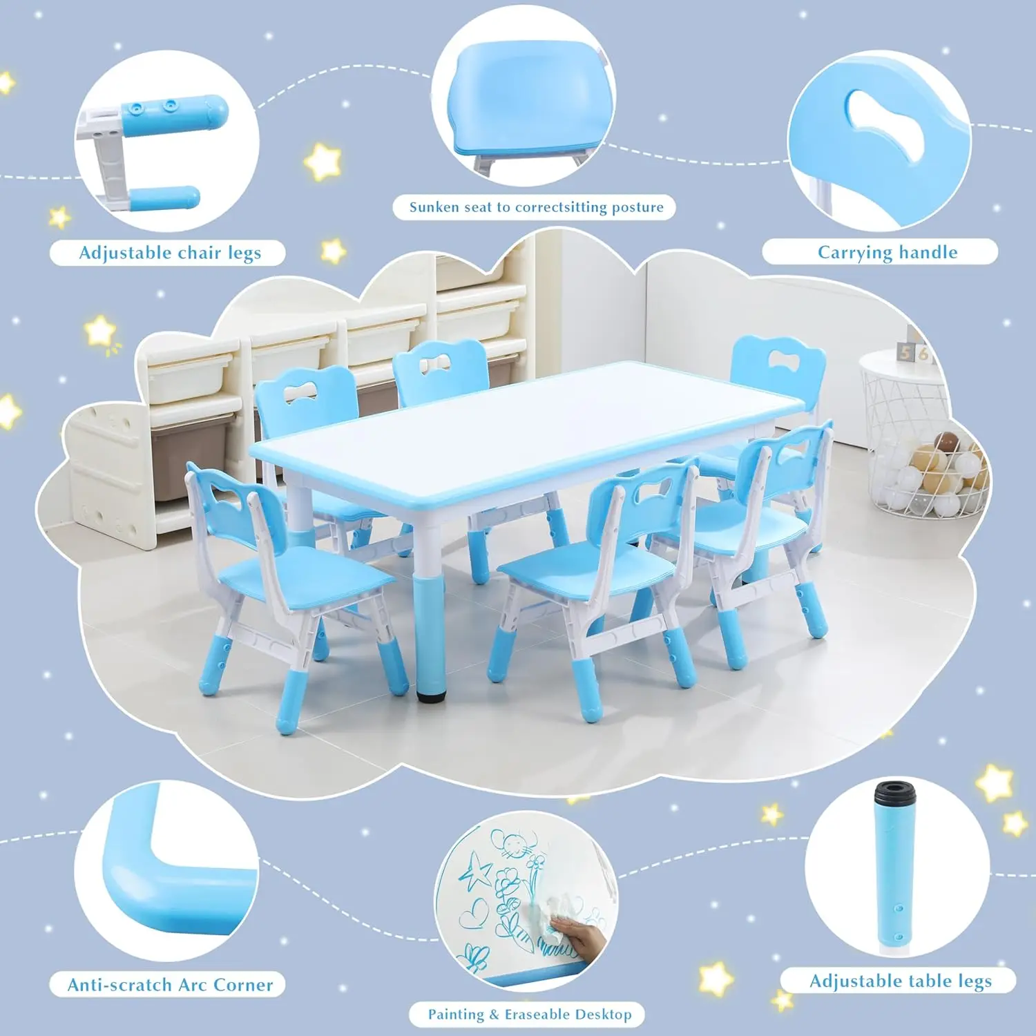 and 6 Chairs Set with Graffiti Desktop, Toddler Furniture Set, Non-Slip, Table Children Study Desk, Dining Table, Height Adjusta