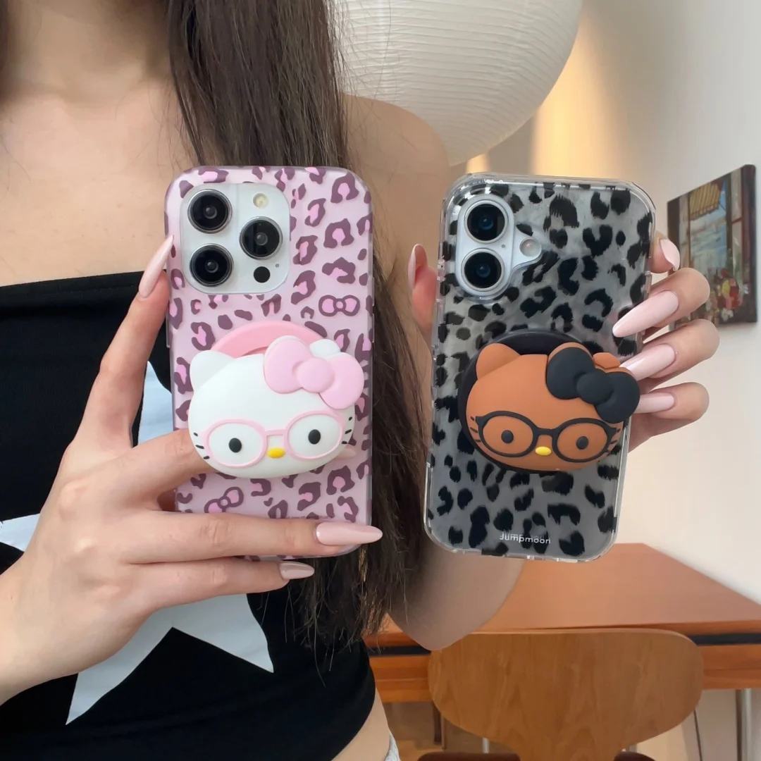 

Black Leopard Print HelloKitty Phone Case For iPhone 17 16 16E 15 14 13 Pro Max 15 Plus Magsafe Magnetic Wireless Charge Cover