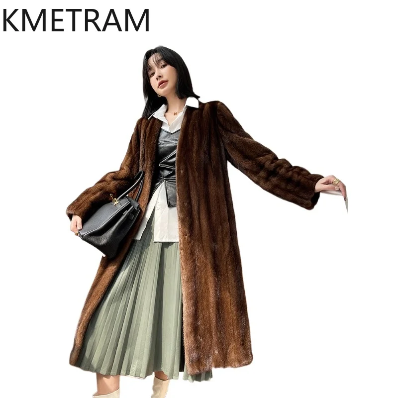KMETRAM Natural Mink Fur Jacket Women's Leather Fur Coats Retro Coffee Long Real Fur Coat Woman Winter Clothes 2026 шуба женская