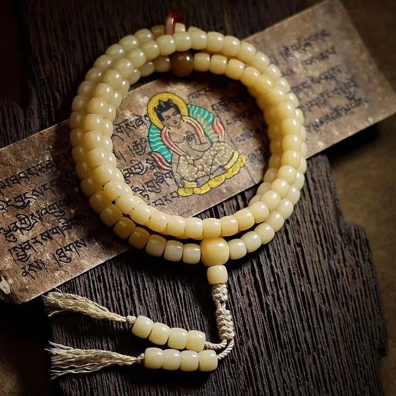 Nepalese Bodhiko 2.0 Buddha Bead Handstring White Jade Bodhi Root Bracelet with 1.8 Treasure Beads