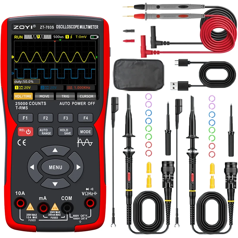 ZT-703S 3 in 1 Handheld Oscilloscope Automotive Dual Channel 50MHz with Digital Multimeter and Signal Generator Tester