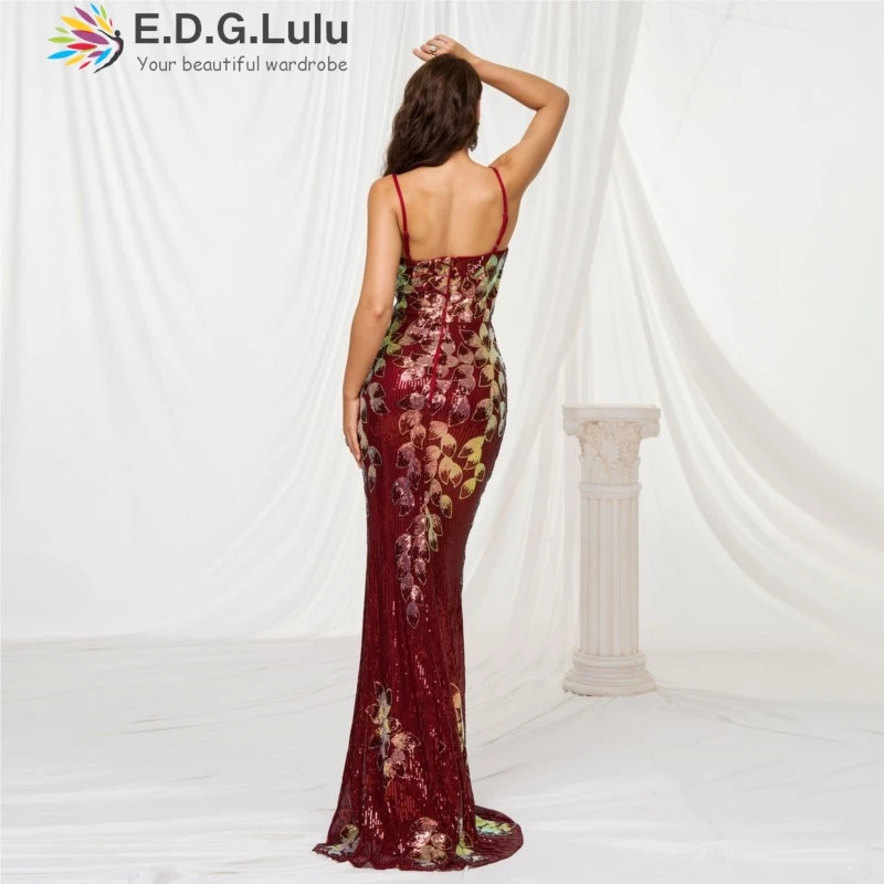 EDGLuLu Abito di lusso rosso floreale con paillettes senza maniche con colletto quadrato 2025 Abiti lunghi a sirena sexy con eleganza senza schienale 0625