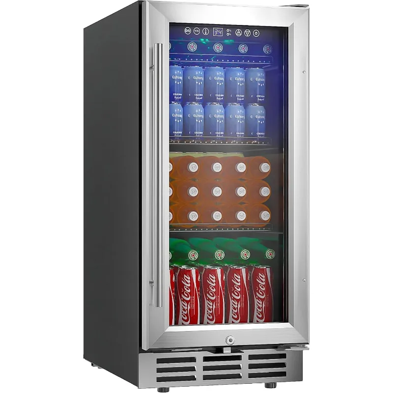 15 Inch Beverage Refrigerator Cooler Under Counter 127 Cans Beverage Fridge Built-in or Freestanding with Glass Door, LED Light