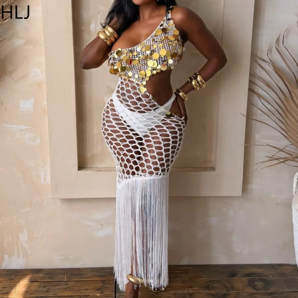 HLJ Nouvelle Robe de Plage Sexy en Tricot à Paillettes et Patchwork pour Femme, Couleur Unie, Épaule Dénudée, Modèle Vestidos 2026
