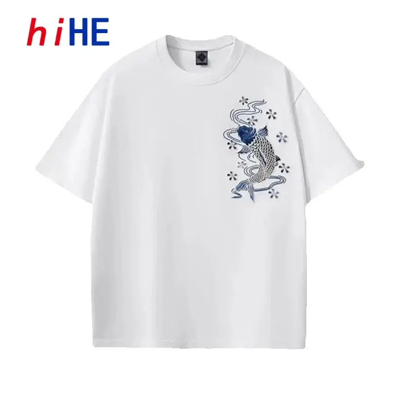 260g Heavy Embroidery Carp T-Shirt Men Summer Cotton Breathable Casual Tops Male Plus Size Short Sleeve TeeA1