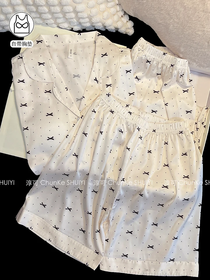 Sweet Girl Bow Short Sleeve Ice Silk Pajamas for Women Summer Thin with Chest Pad Japanese Style Ins  Homewear Three-Piece Set