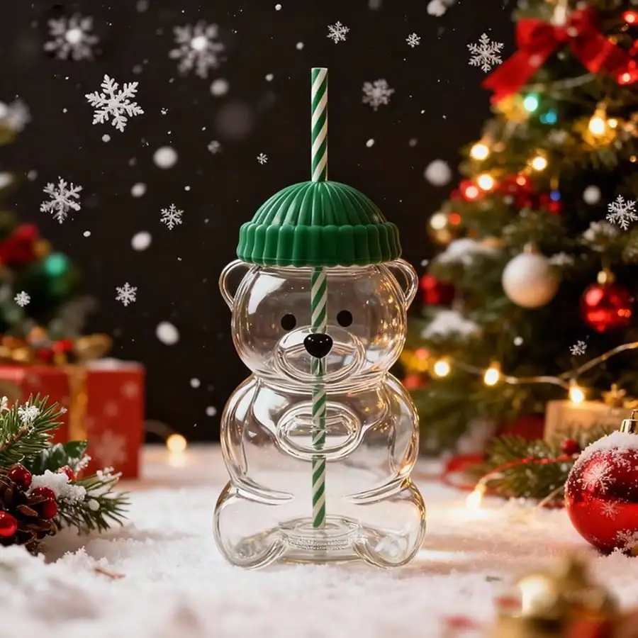 1pc Green hat teddy bear cold drink cup,fashionable hot selling cold drink cup,easy to carry,essential for home travel