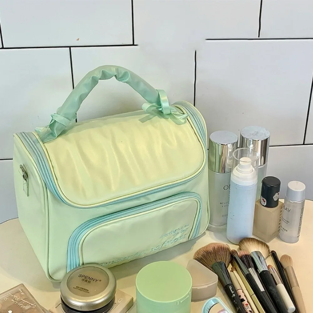 

PU Leather Women's Makeup Bag Waterproof Handheld Large Capacity Toiletry Ba Handbag Ballet Style Bowknot Cosmetic Bag