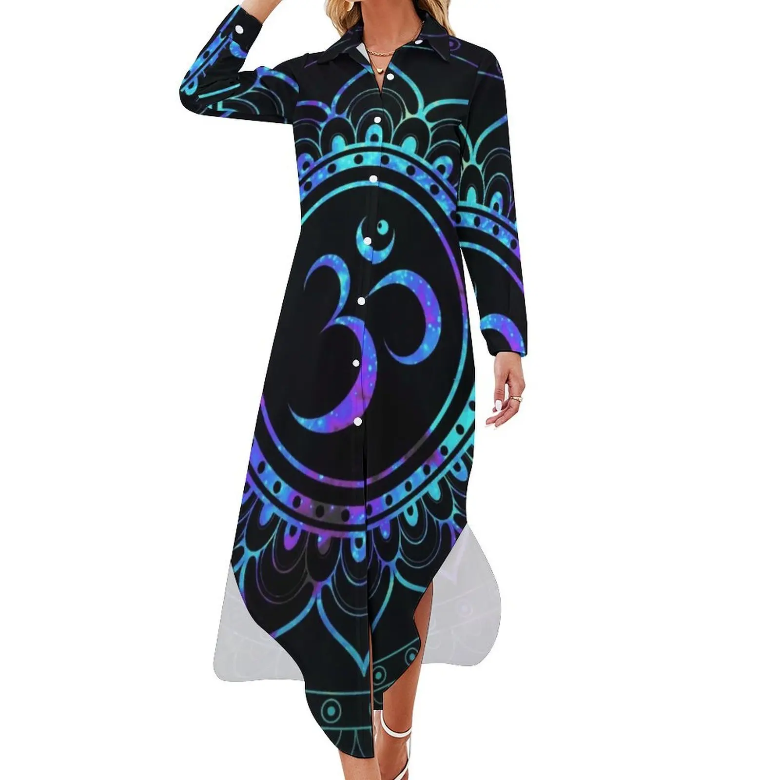 

Om Mandala: Purple Teal Blue Galaxy Long Sleeved Shirt Dress Woman clothing evening dresses women