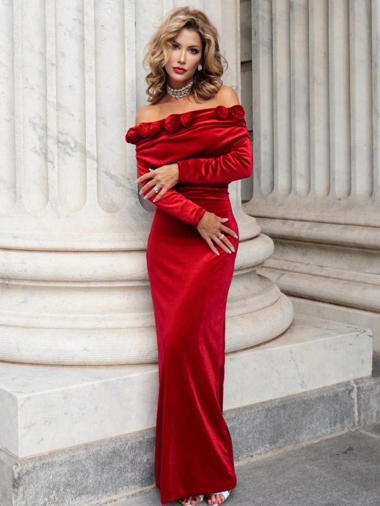 Vestido largo sexi de manga larga con hombros descubiertos y flores en 3D para mujer, vestidos ajustados florales con cuello oblicuo de terciopelo rojo, vestido de fiesta de noche y Navidad