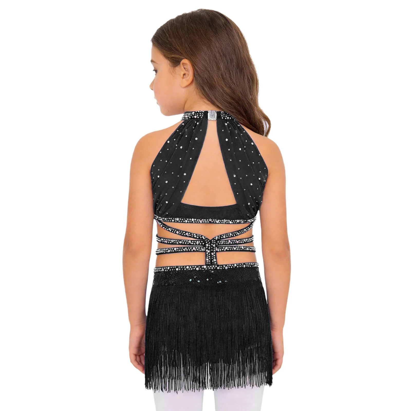Kinderen Meisjes Samba Salsa Danskostuum Lyrische Latin Dans Turnpakje Jurk Strass Halter Mouwloos Kwastje Body Dancce Wear