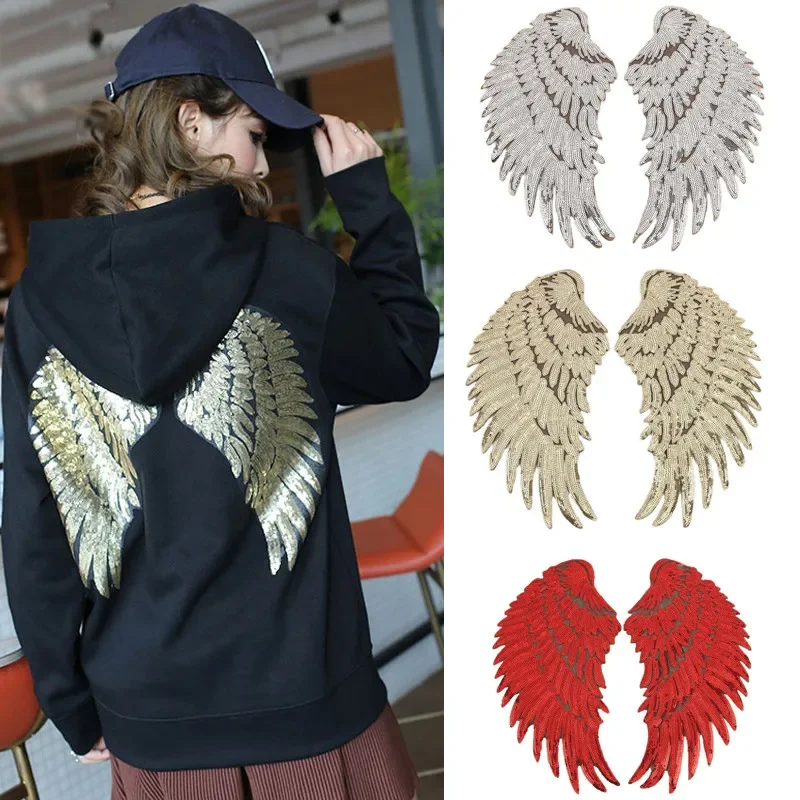 1Pair Gold Silver Rainbow Sequin Feather Angel Wings patches Iron On Dress Jeans Shirt DIY Appliques Decoration Wing Iron Patche