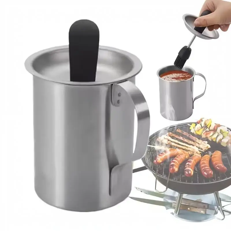 【HG】500ML Stainless Steel Sauce Basting Pot With Brush Portable Practical BBQ Sauce Oil Basting Tool