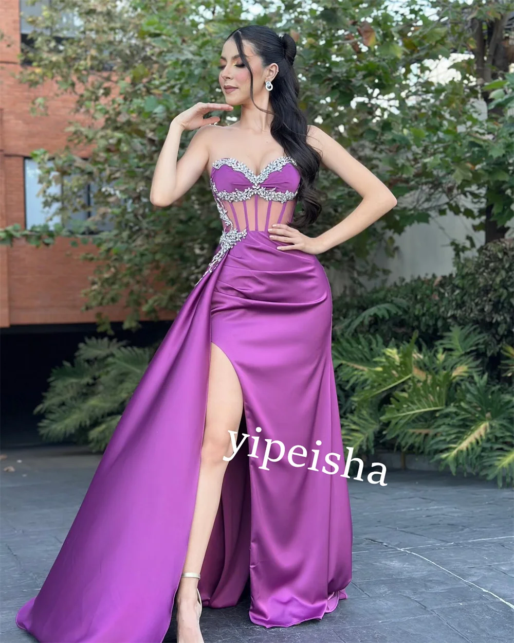 Strapless cetim plissado graduação vestido, A-Line vestidos longos, Ocasião Bespoke