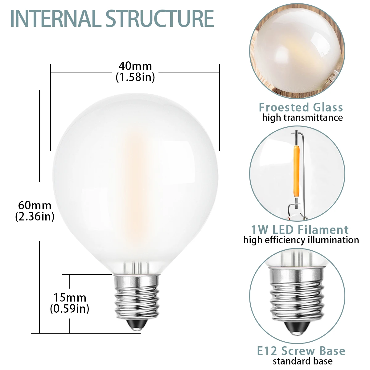 GANRILAND G40 Frosted LED Filament Bulbs 1W E12 Candelabra Base Warm White 2700K Dimmable Vintage Globe Decor String Light Bulb