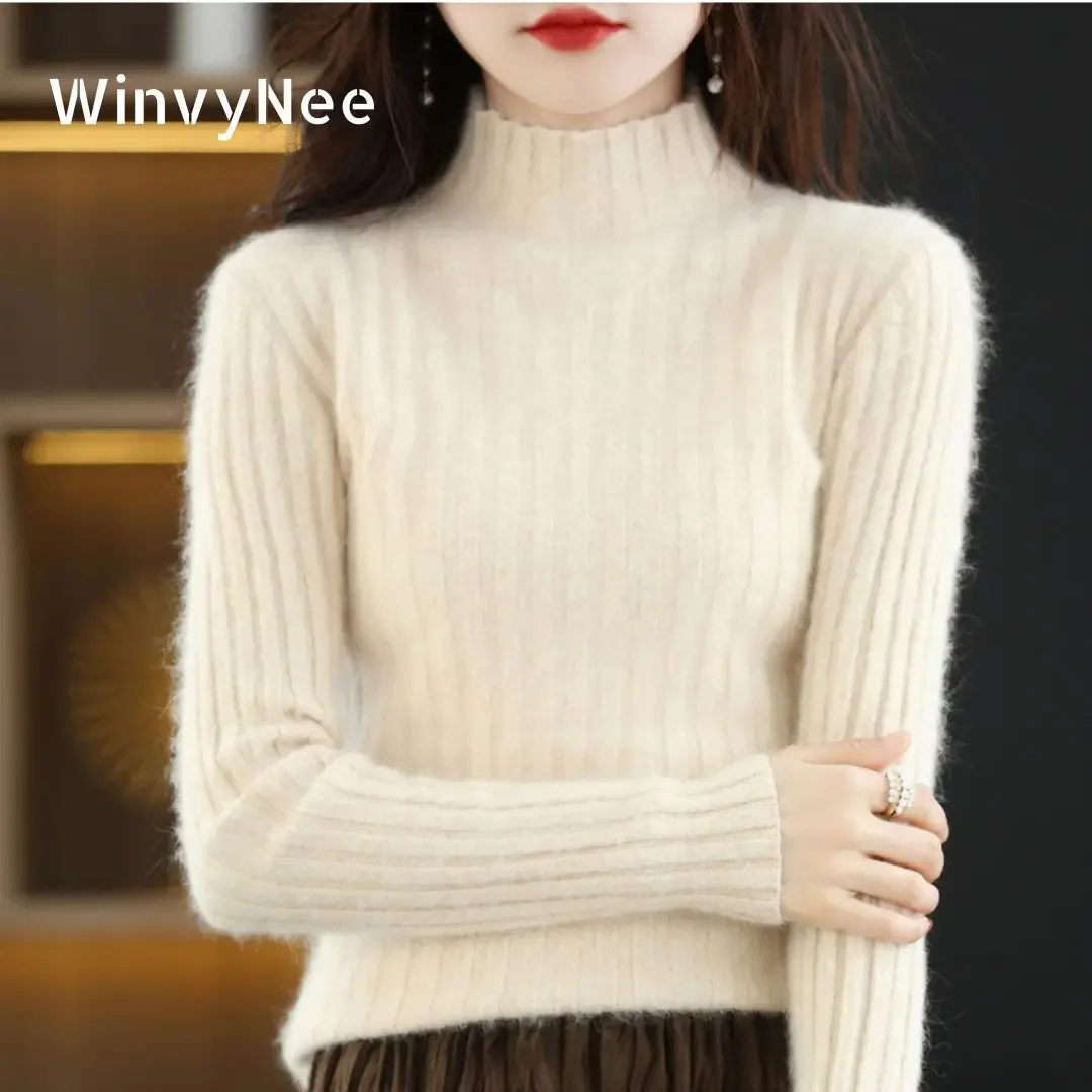 

WinvyNee Women Clothing Mink Cashmere Sweater Half High Collar Slim Solid Tops Outerwears 2024 Knitted Pullover Winter A1248001