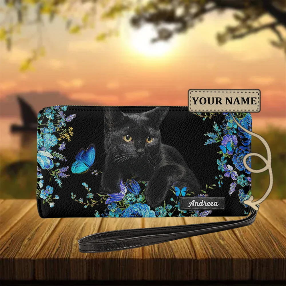 2023 neuer Trend Leder Geldbörse Karten halter Brieftasche Frau Kawaii schwarze Katze Schmetterling Blumen Marke Design lange Clutch Porta monnaie