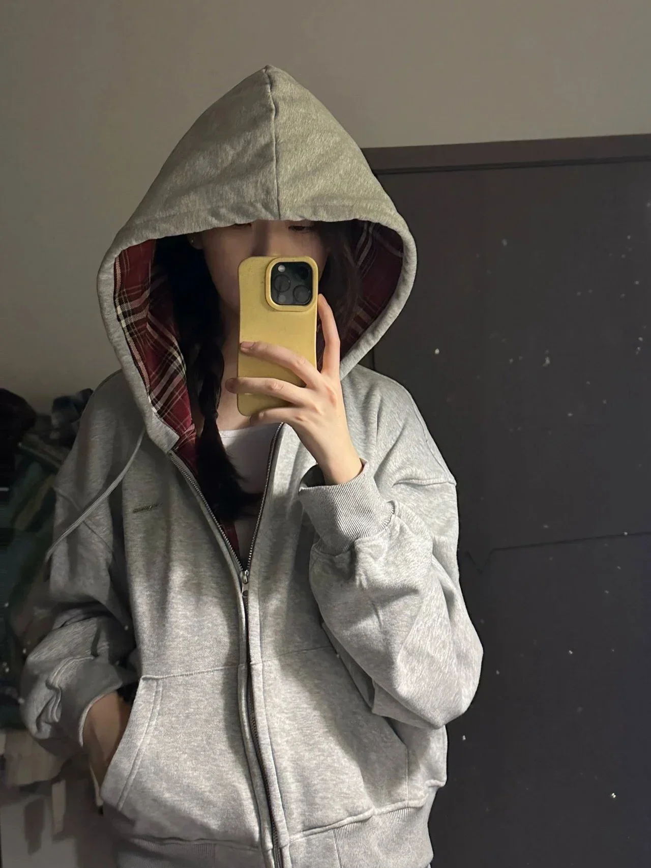 Gray Hoodie Women Autumn Winter Contrast Color Plaid Cloth Short Long sleeve Zip-up Cardigan Outewear Loose Top Zip Up Hoodle
