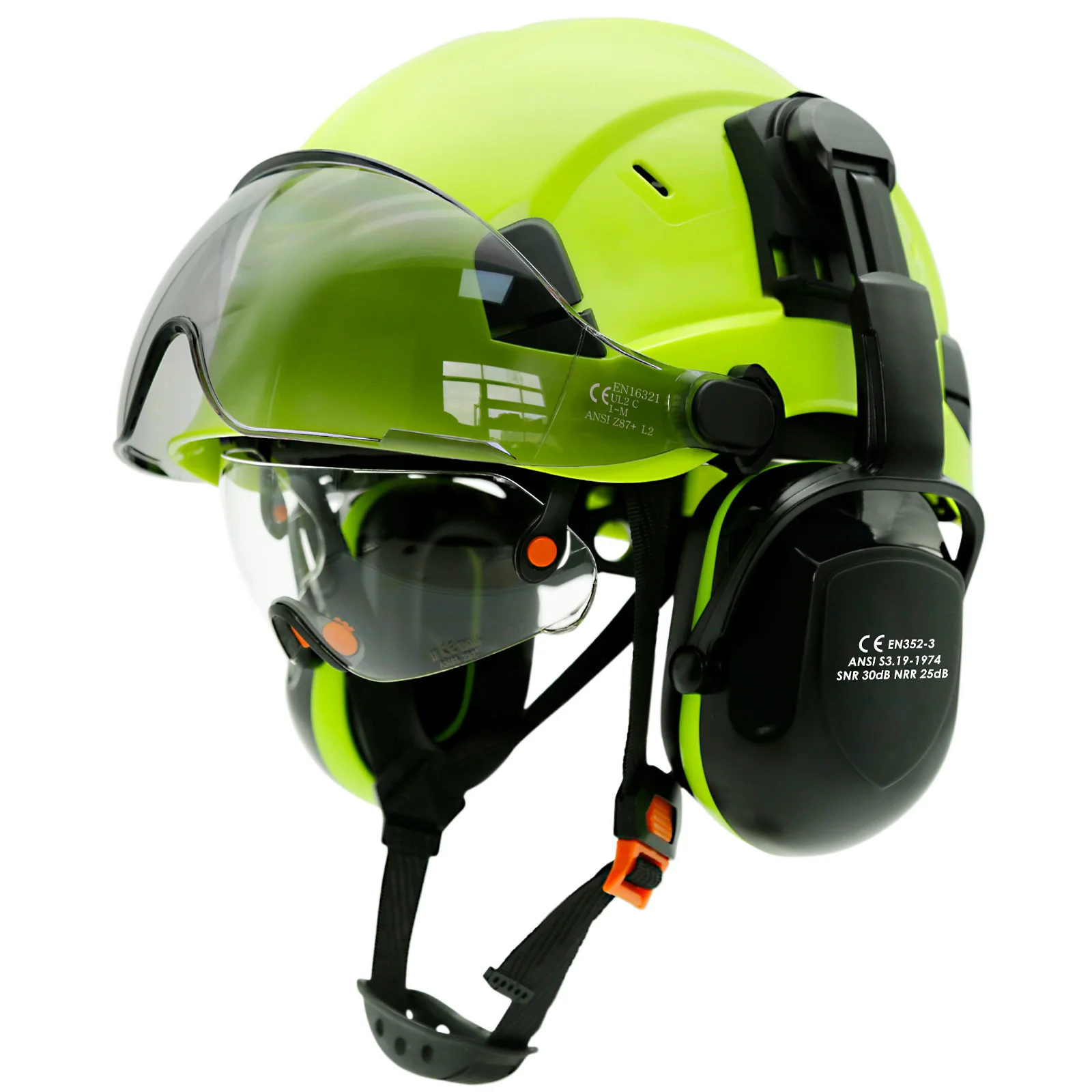 Schutzhelm mit Visiere, integrierte Schutzbrille, kontrastfarbener Ohrenschützer, Geräuschreduzierung für Ingenieure, Schutzhelm, ANSI Industrial Work Cap
