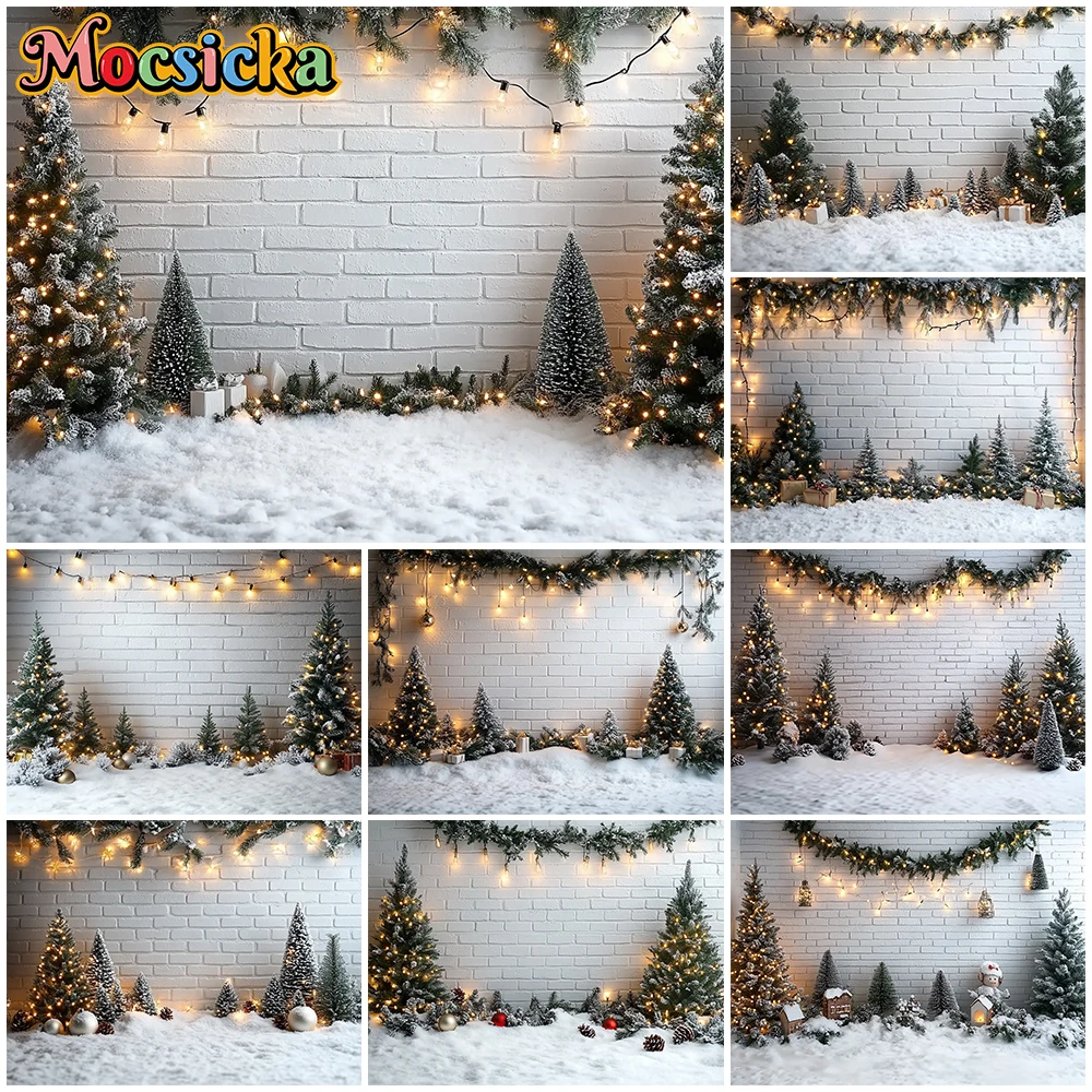 

Mocsicka Christmas Photography Background New Year Party Brick Wall Light Decoration Winter Snow Photo Backdrop Studio Wallpaper