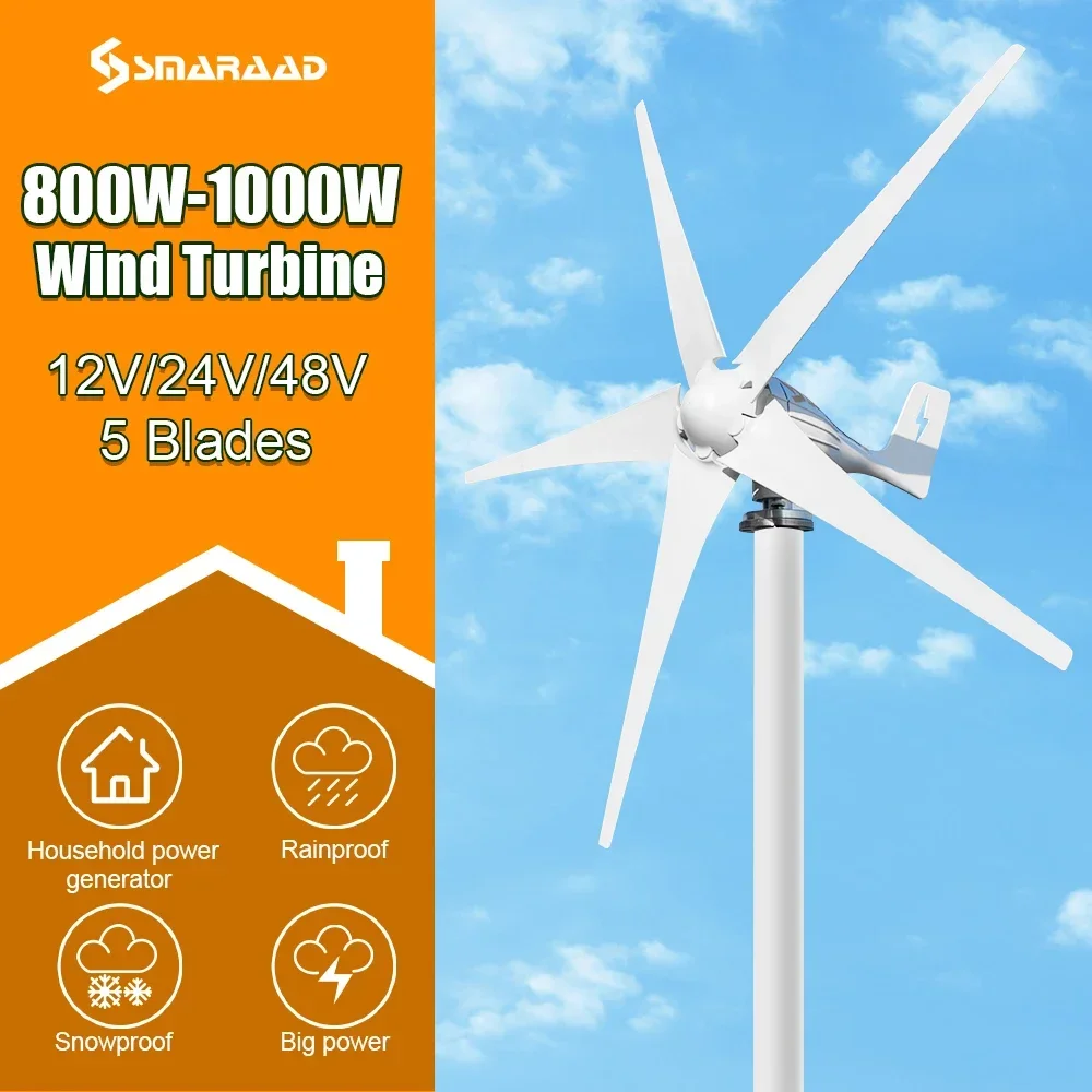 1000W Wind Turbine Generator Free Energy Portable Power MPPT Controller 12V 24V Home System Small Windmill Low Noise Waterproof