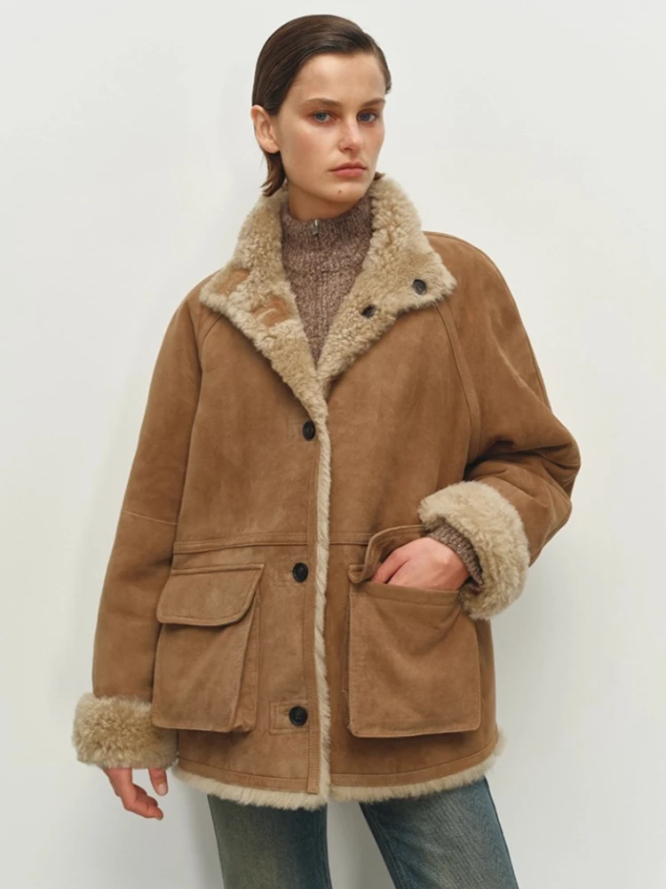 الراقية الفاخرة فرو الضأن الطبيعي سترات من جلد الغزال للنساء بسيطة خمر على الوجهين ارتداء الشتاء جلد طبيعي معطف الفرو الحقيقي #1