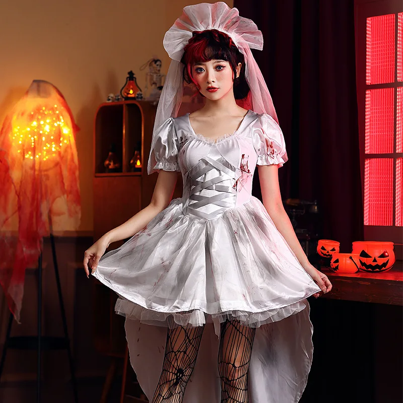 

Белый свадебный костюм доктора-призрака невесты, женский костюм на Хэллоуин, фотография, костюм для косплея, костюм для пятен крови