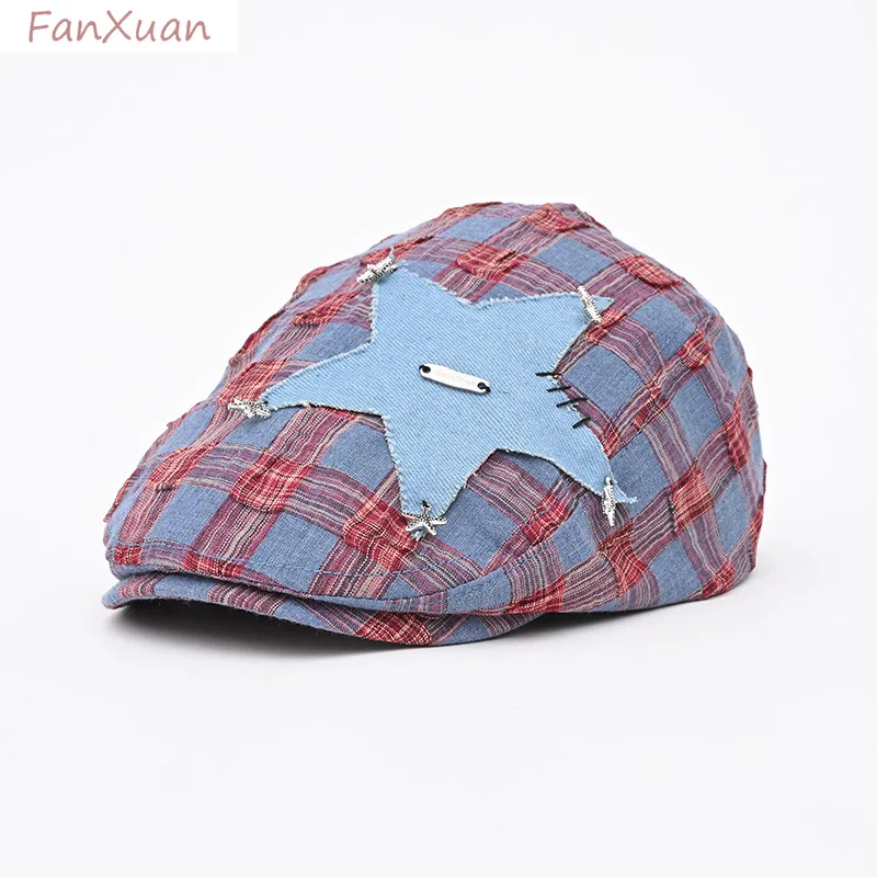 

sweet beret hats for women pink red blue beige plaid star patchwork fashion caps female