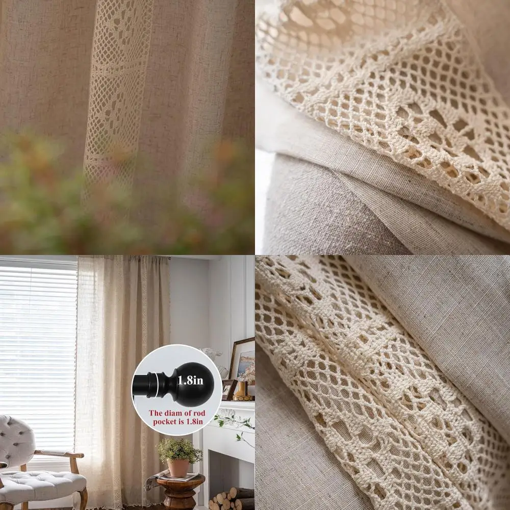 

Бежевые шторы, вязаные крючком, кружевные лоскутные шторы, шторы длиной 84 дюйма, 2 панели, карман с кисточками, полупрозрачный бохо, спальня, гостиная R
