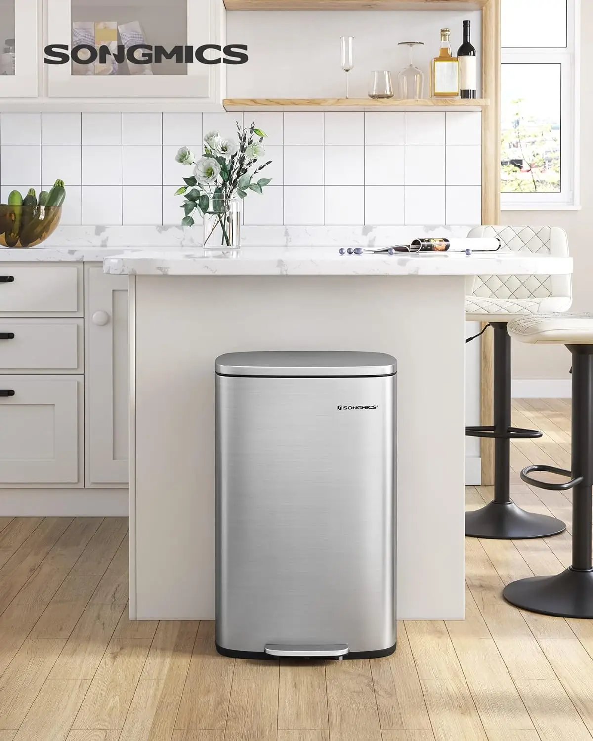 SONGMICS Kitchen Bin 13 Gallon (50 L), Pedal Bin for Kitchen, Rubbish Bin, Soft Close, Step-On Pedal, Steel, Inner Bucket