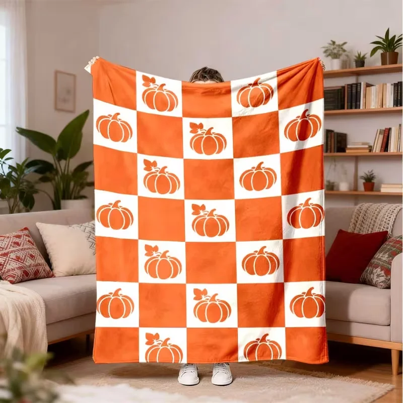 Orange White Checkered Pumpkin Blanket Fall Harvest Halloween Print Soft Warm Farmhouse Decor Blanket For Bedroom Couch