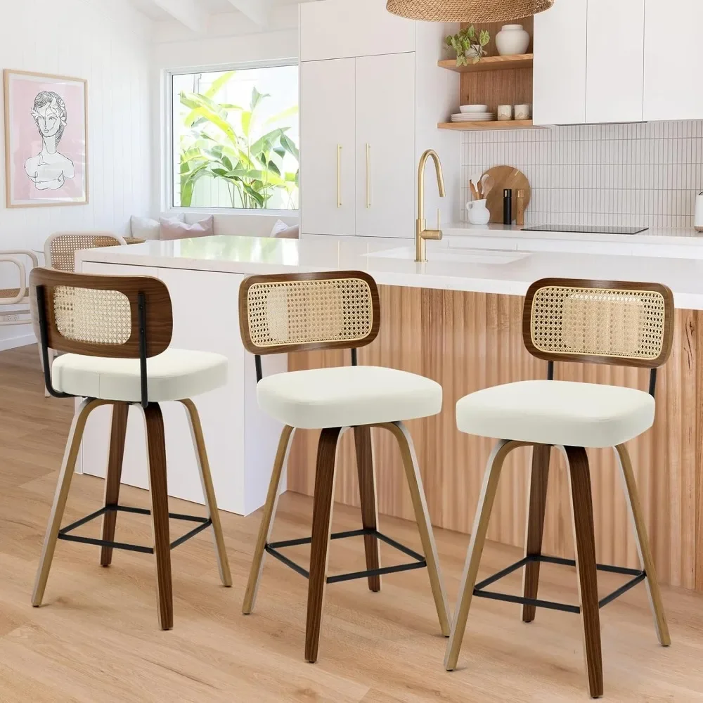 Swivel Counter Height Bar Stools Set of 3, Upholstered Faux Leather Barstools with Rattan Back, 26" Seat Height Bar Chairs