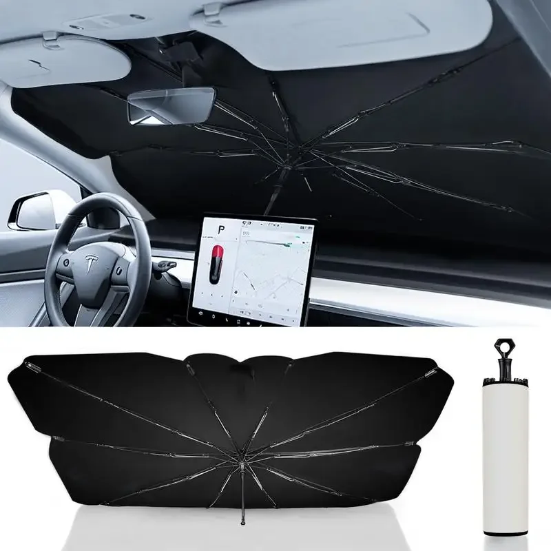 Windshield Sunshade Umbrella for Tesla Model 3/Y, Retractable Sunshades for Front Window to Block UV Rays and Protect Interior