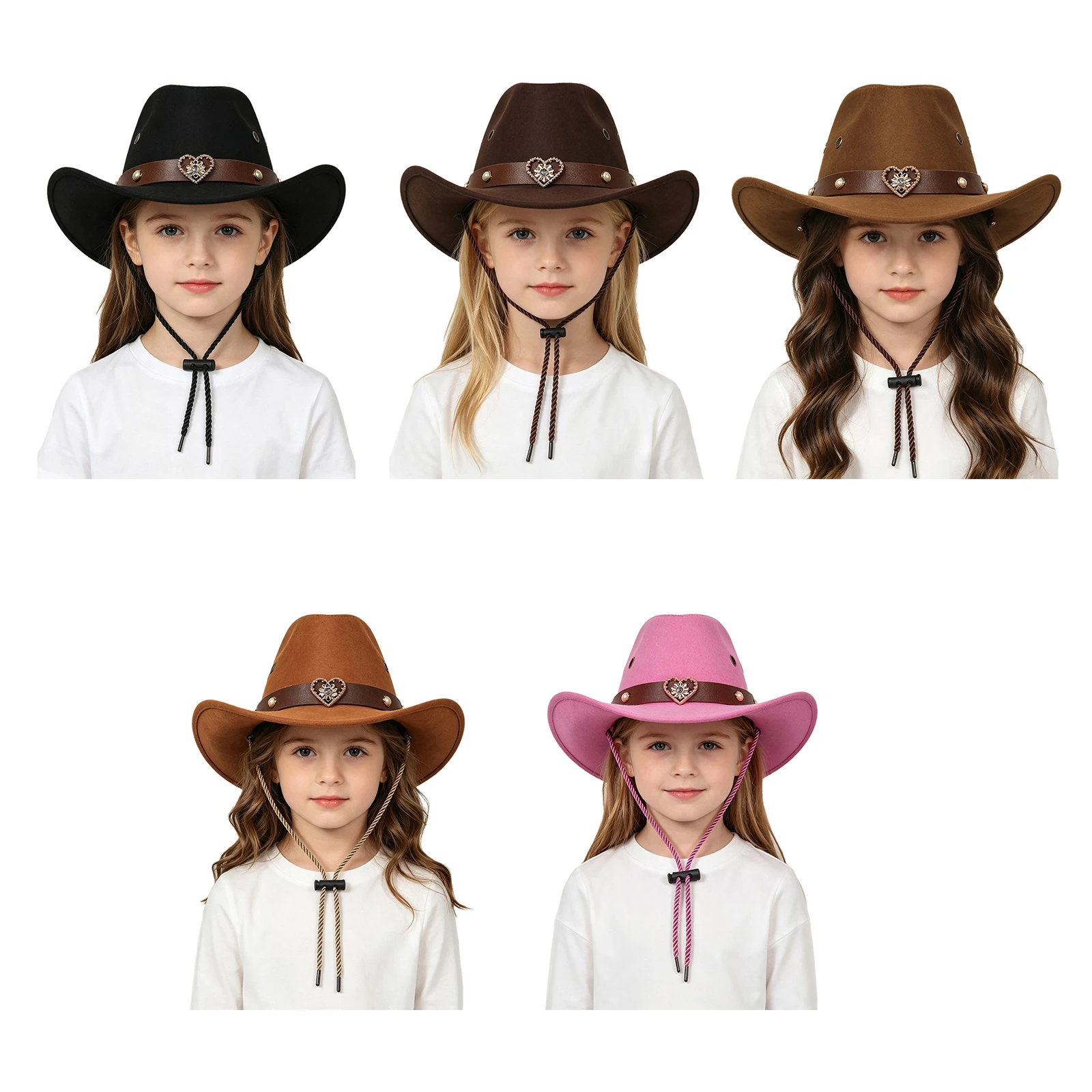 Unisex Kids Boys Girls Western Cowboy Hat Wide Brim Retro Band Decoration Hat Headwear with Adjustable String view 3