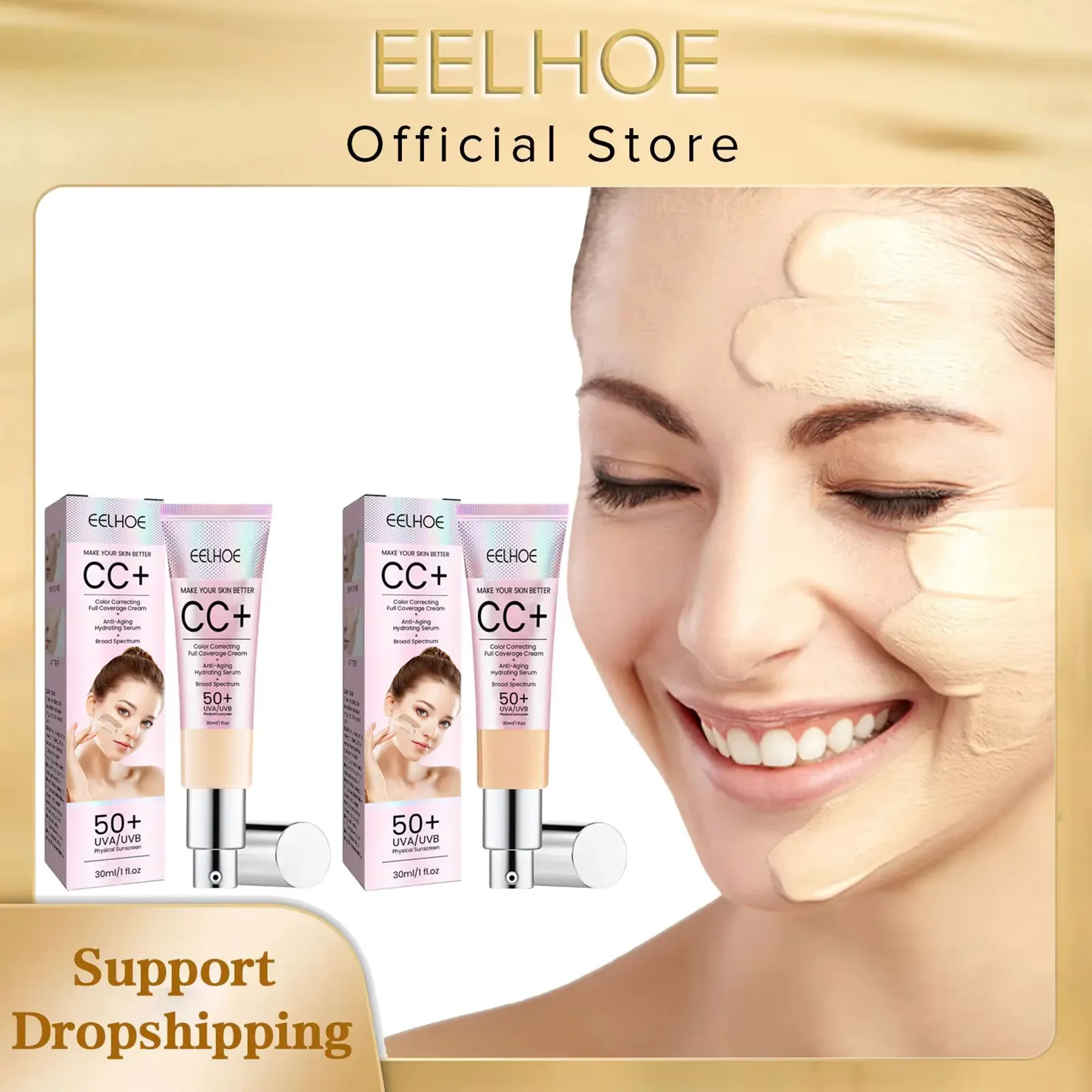 EELHOE Foundation CC Cream Waterproof Concealer Full Coverage Natural Oil-Control Whitening Cosmetics Long Lasting SPF 50 Makeup