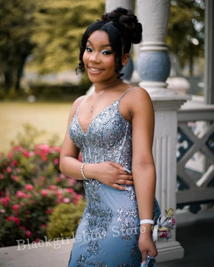 Vestido de noche azul cielo con tirantes finos, corpiño Sexy con cuello en V, apliques de cuentas plateadas, vestido de alfombra roja para fiesta de cumpleaños para niñas negras